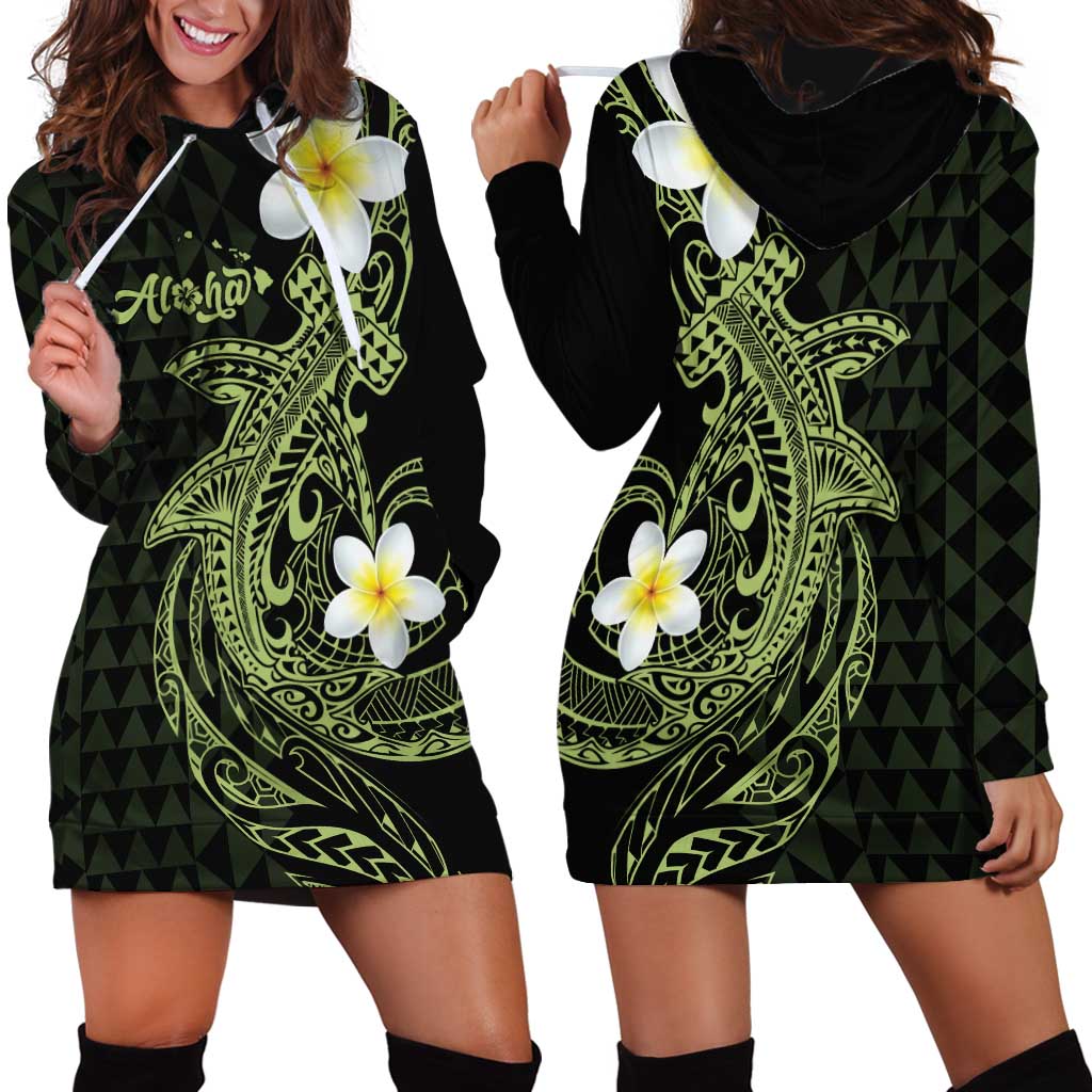 Aloha Hammerhead Shark Hoodie Dress Lime Rickey Hawaiian Kakau Tribal Tattoo