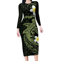 Aloha Hammerhead Shark Long Sleeve Bodycon Dress Lime Rickey Hawaiian Kakau Tribal Tattoo