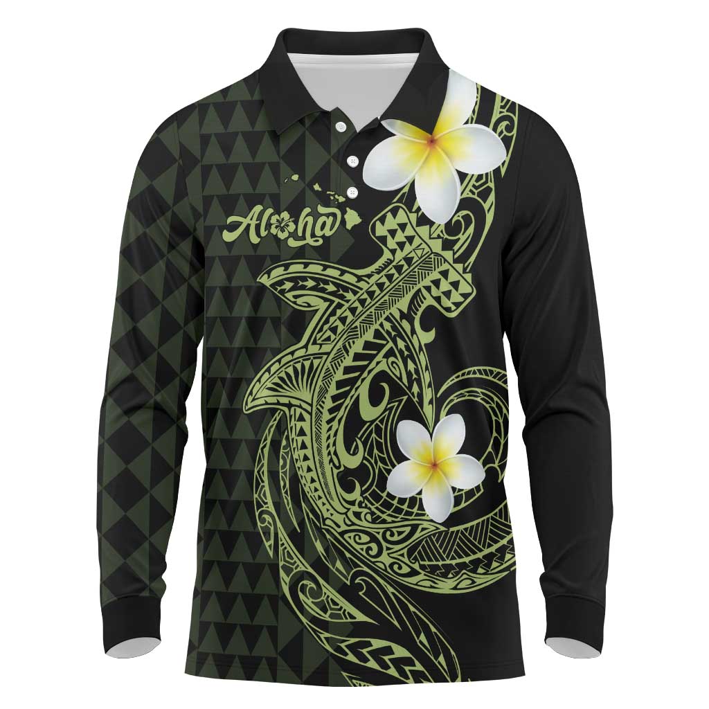 Aloha Hammerhead Shark Long Sleeve Polo Shirt Lime Rickey Hawaiian Kakau Tribal Tattoo