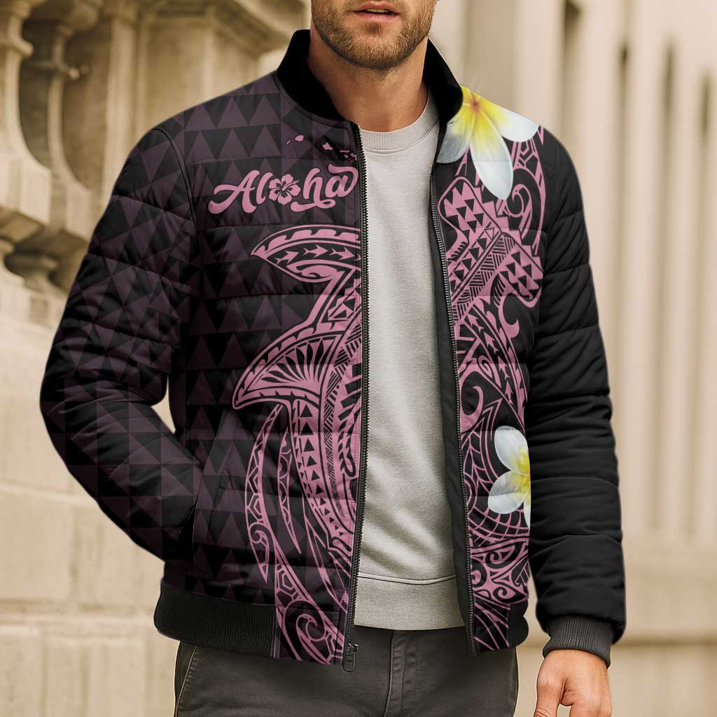 Aloha Hammerhead Shark Bomber Puffer Jacket Vivacious Pink Hawaiian Kakau Tribal Tattoo - Polynesian Pride