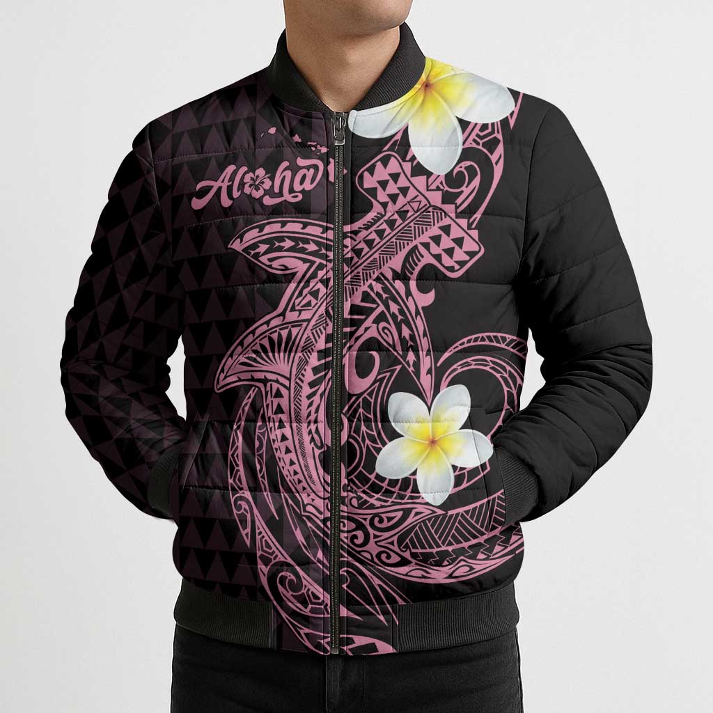 Aloha Hammerhead Shark Bomber Puffer Jacket Vivacious Pink Hawaiian Kakau Tribal Tattoo - Polynesian Pride