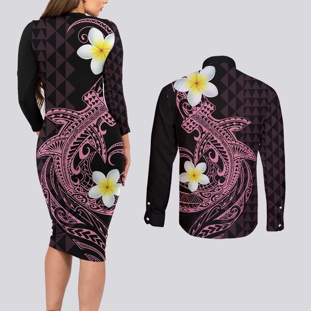 Aloha Hammerhead Shark Couples Matching Long Sleeve Bodycon Dress and Long Sleeve Button Shirt Vivacious Pink Hawaiian Kakau Tribal Tattoo