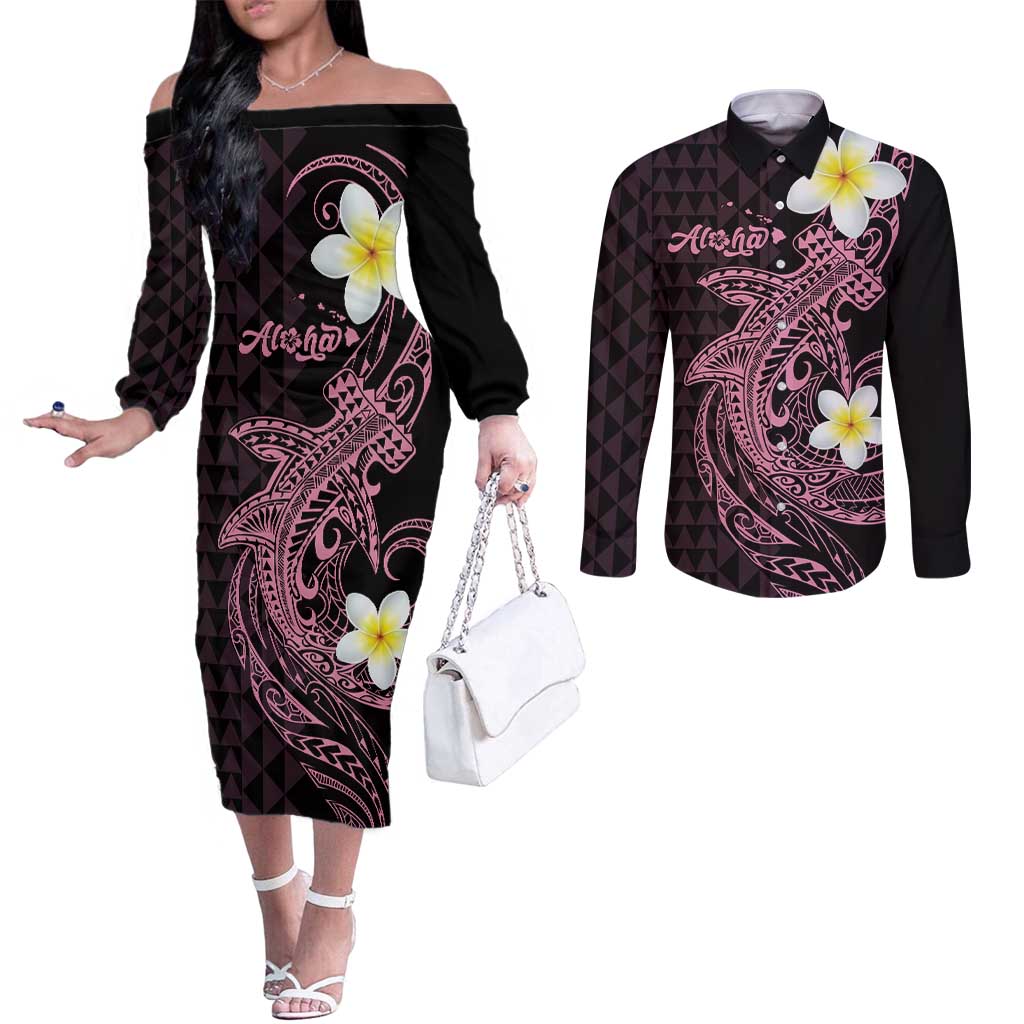 Aloha Hammerhead Shark Couples Matching Off The Shoulder Long Sleeve Dress and Long Sleeve Button Shirt Vivacious Pink Hawaiian Kakau Tribal Tattoo
