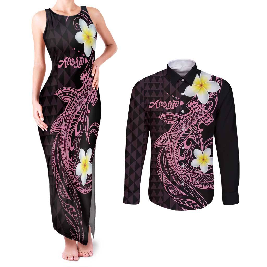Aloha Hammerhead Shark Couples Matching Tank Maxi Dress and Long Sleeve Button Shirt Vivacious Pink Hawaiian Kakau Tribal Tattoo