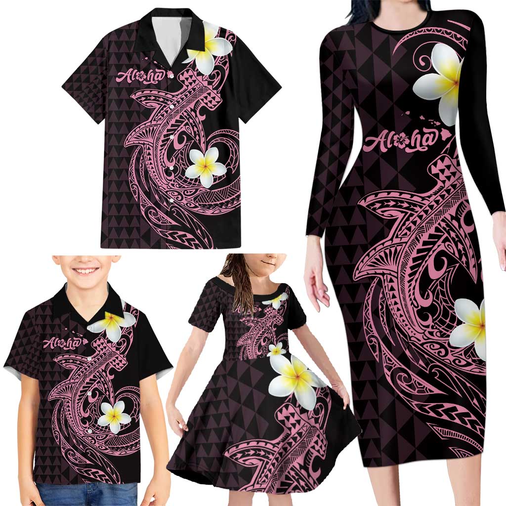 Aloha Hammerhead Shark Family Matching Long Sleeve Bodycon Dress and Hawaiian Shirt Vivacious Pink Hawaiian Kakau Tribal Tattoo