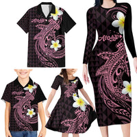 Aloha Hammerhead Shark Family Matching Long Sleeve Bodycon Dress and Hawaiian Shirt Vivacious Pink Hawaiian Kakau Tribal Tattoo