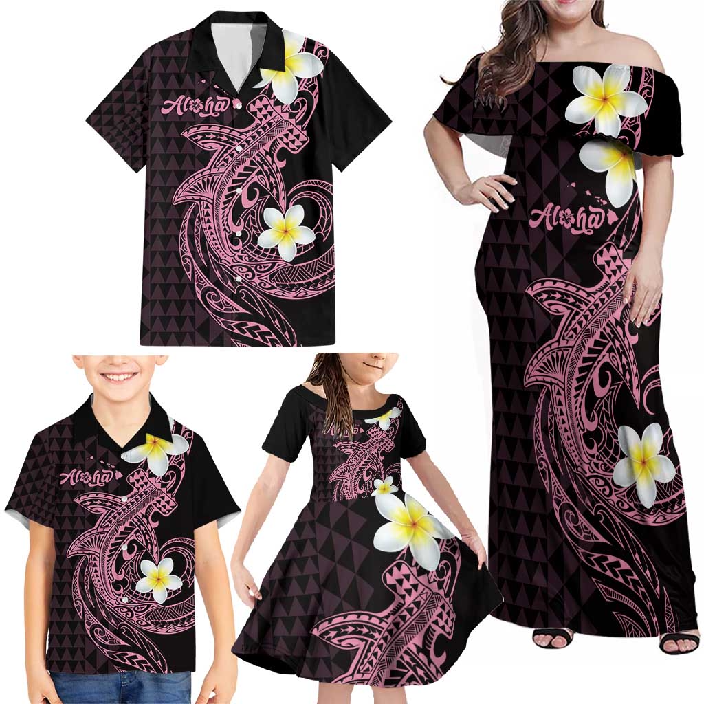 Aloha Hammerhead Shark Family Matching Off Shoulder Maxi Dress and Hawaiian Shirt Vivacious Pink Hawaiian Kakau Tribal Tattoo