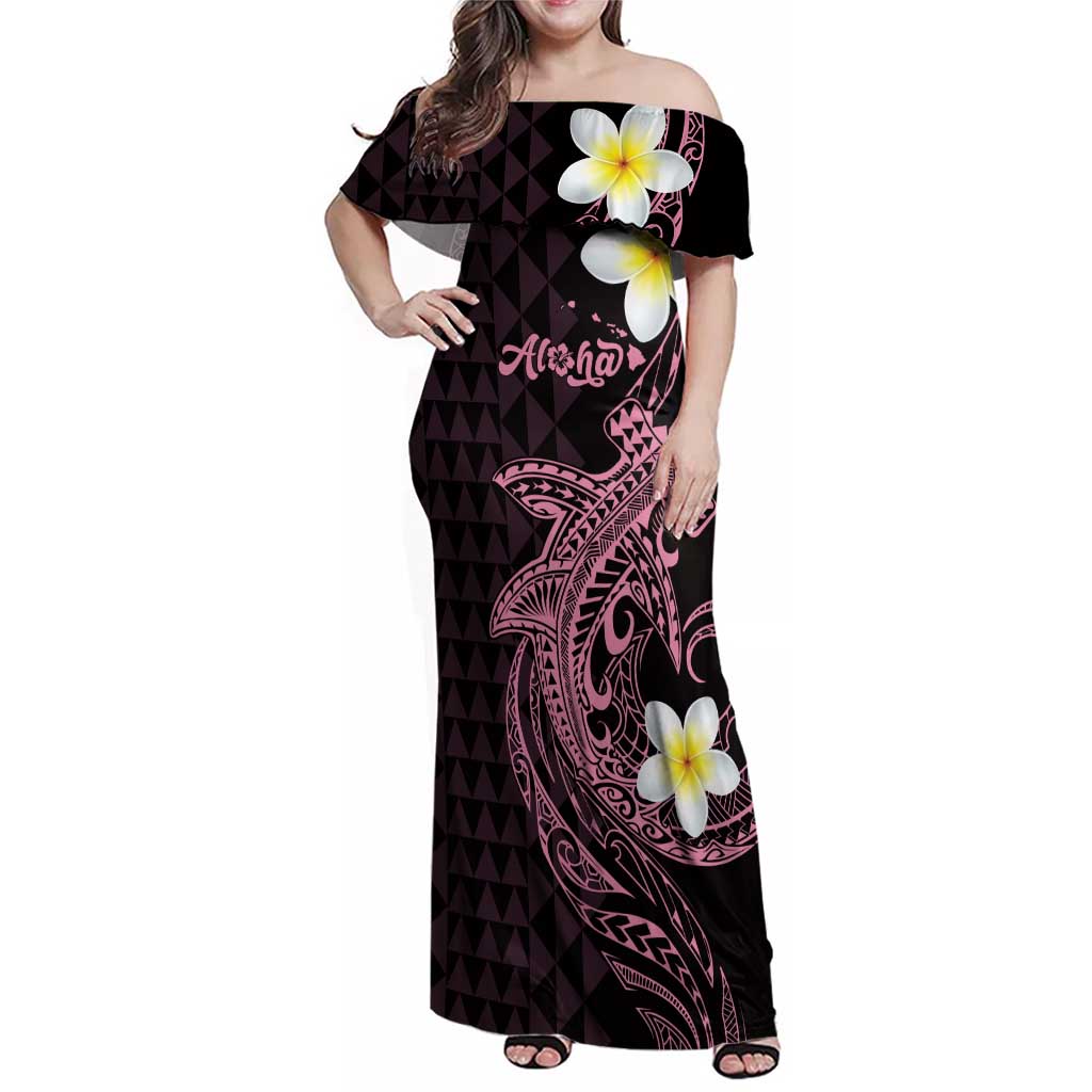 Aloha Hammerhead Shark Family Matching Off Shoulder Maxi Dress and Hawaiian Shirt Vivacious Pink Hawaiian Kakau Tribal Tattoo