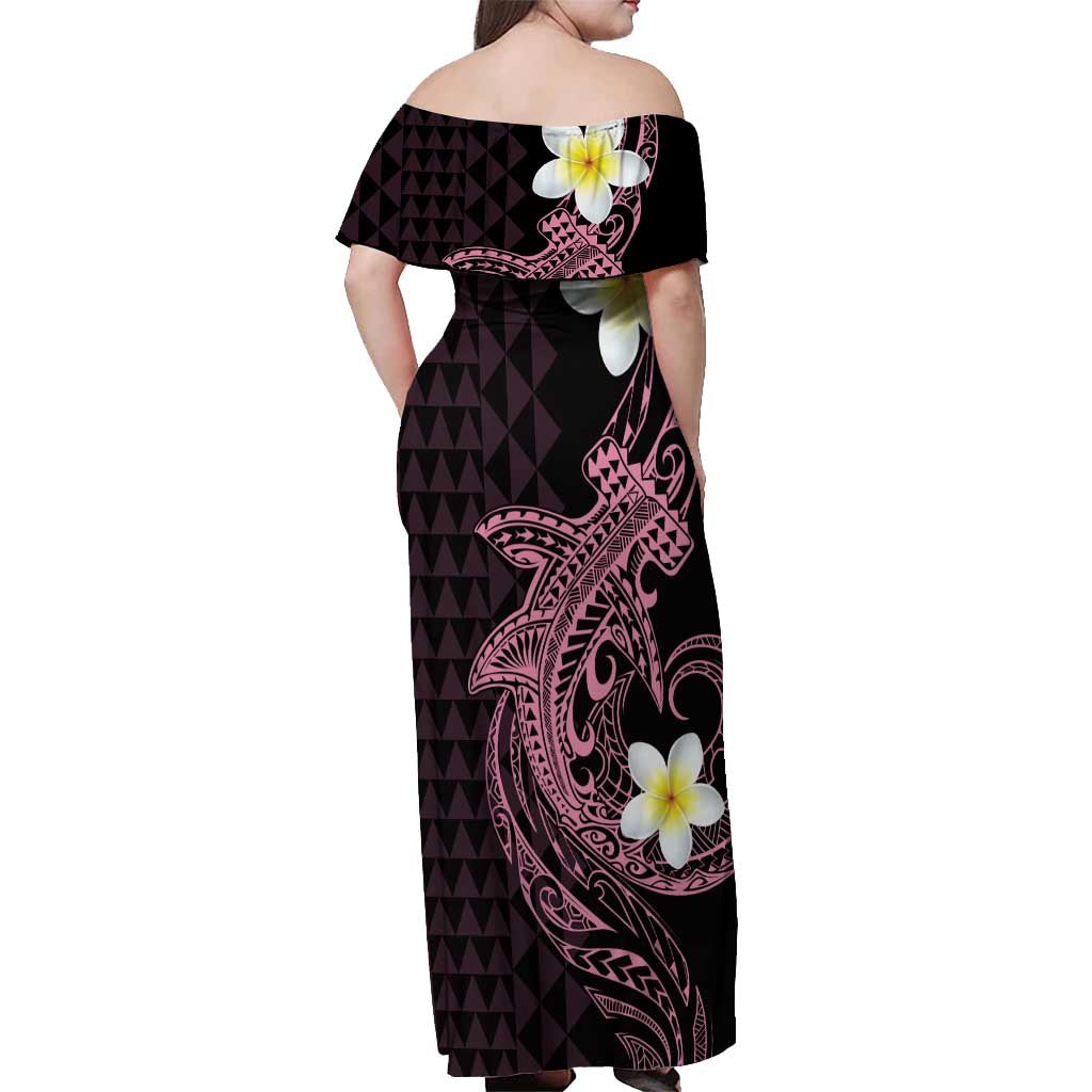 Aloha Hammerhead Shark Off Shoulder Maxi Dress Vivacious Pink Hawaiian Kakau Tribal Tattoo