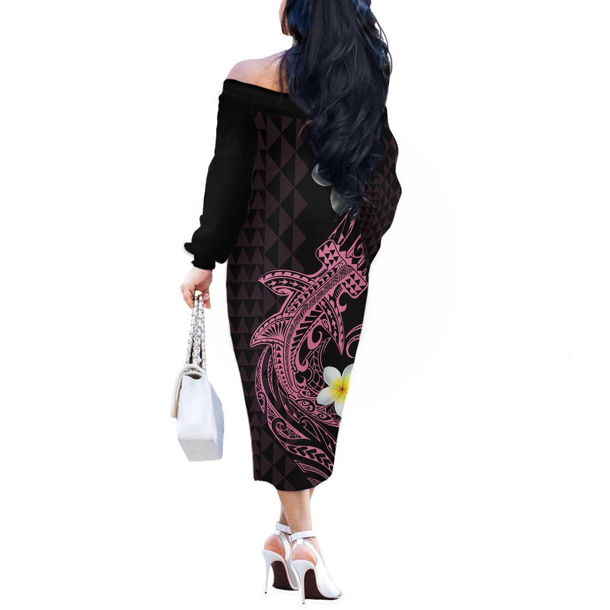 Aloha Hammerhead Shark Off The Shoulder Long Sleeve Dress Vivacious Pink Hawaiian Kakau Tribal Tattoo