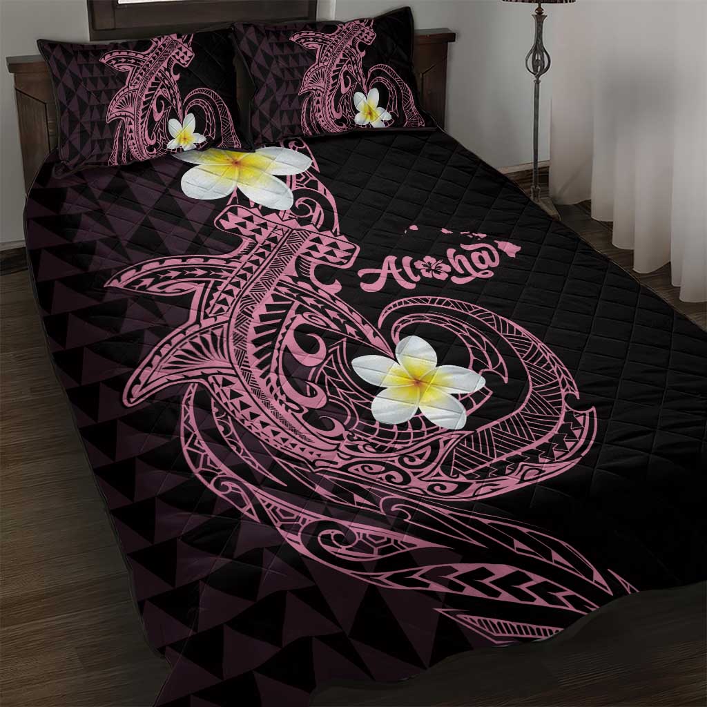Aloha Hammerhead Shark Quilt Bed Set Vivacious Pink Hawaiian Kakau Tribal Tattoo
