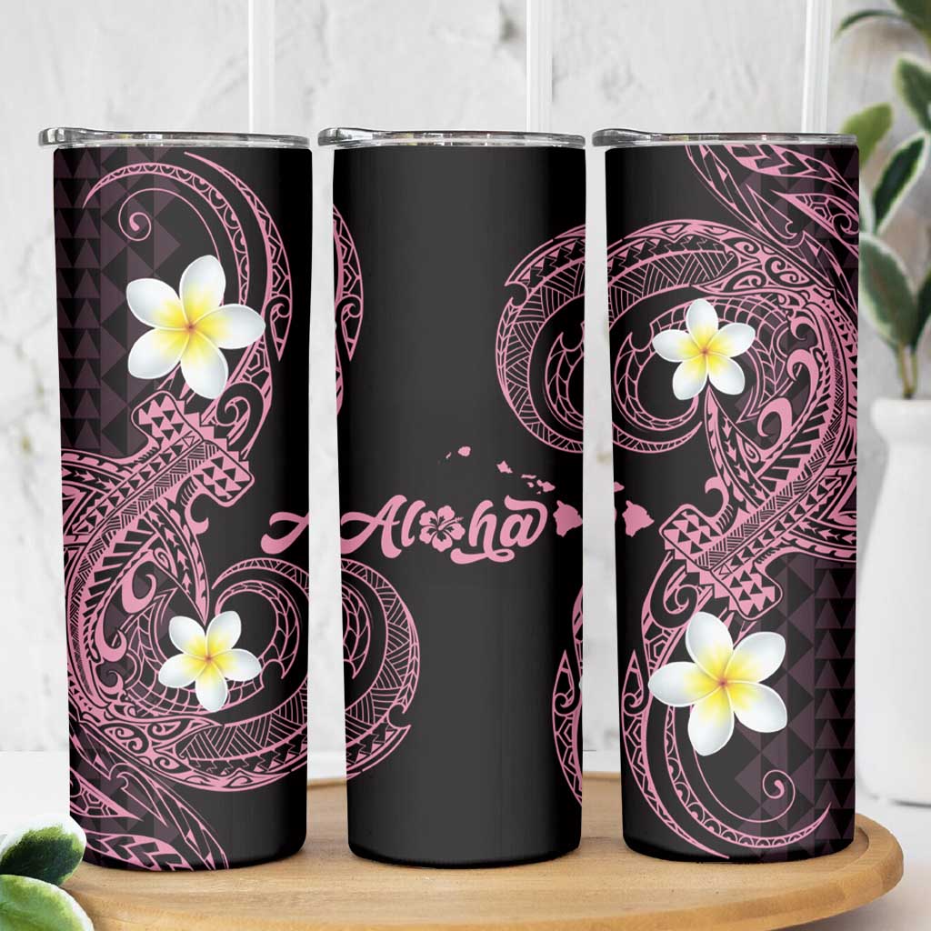 Aloha Hammerhead Shark Skinny Tumbler Vivacious Pink Hawaiian Kakau Tribal Tattoo