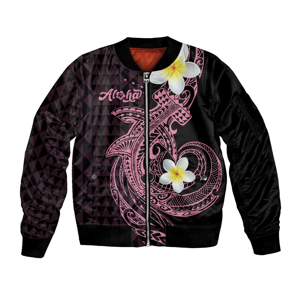 Aloha Hammerhead Shark Sleeve Zip Bomber Jacket Vivacious Pink Hawaiian Kakau Tribal Tattoo