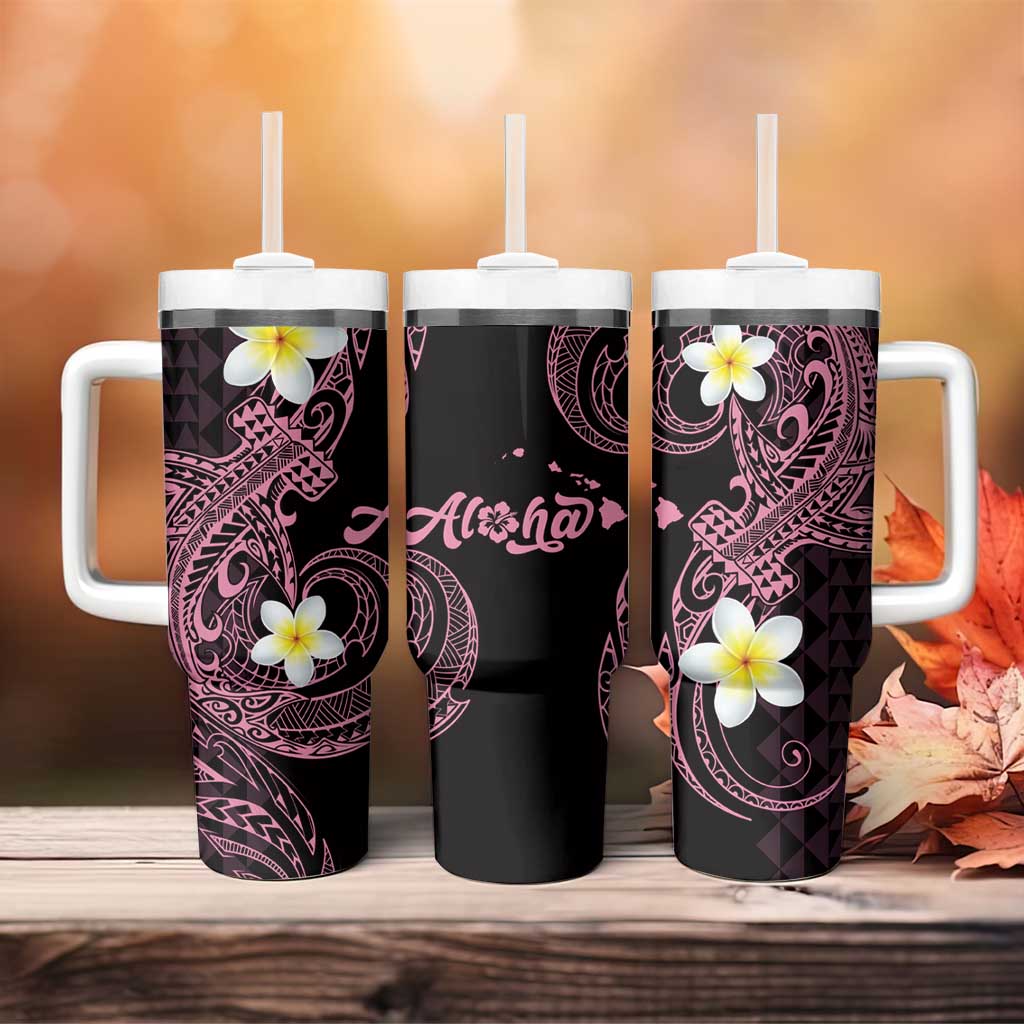 Aloha Hammerhead Shark Tumbler With Handle Vivacious Pink Hawaiian Kakau Tribal Tattoo