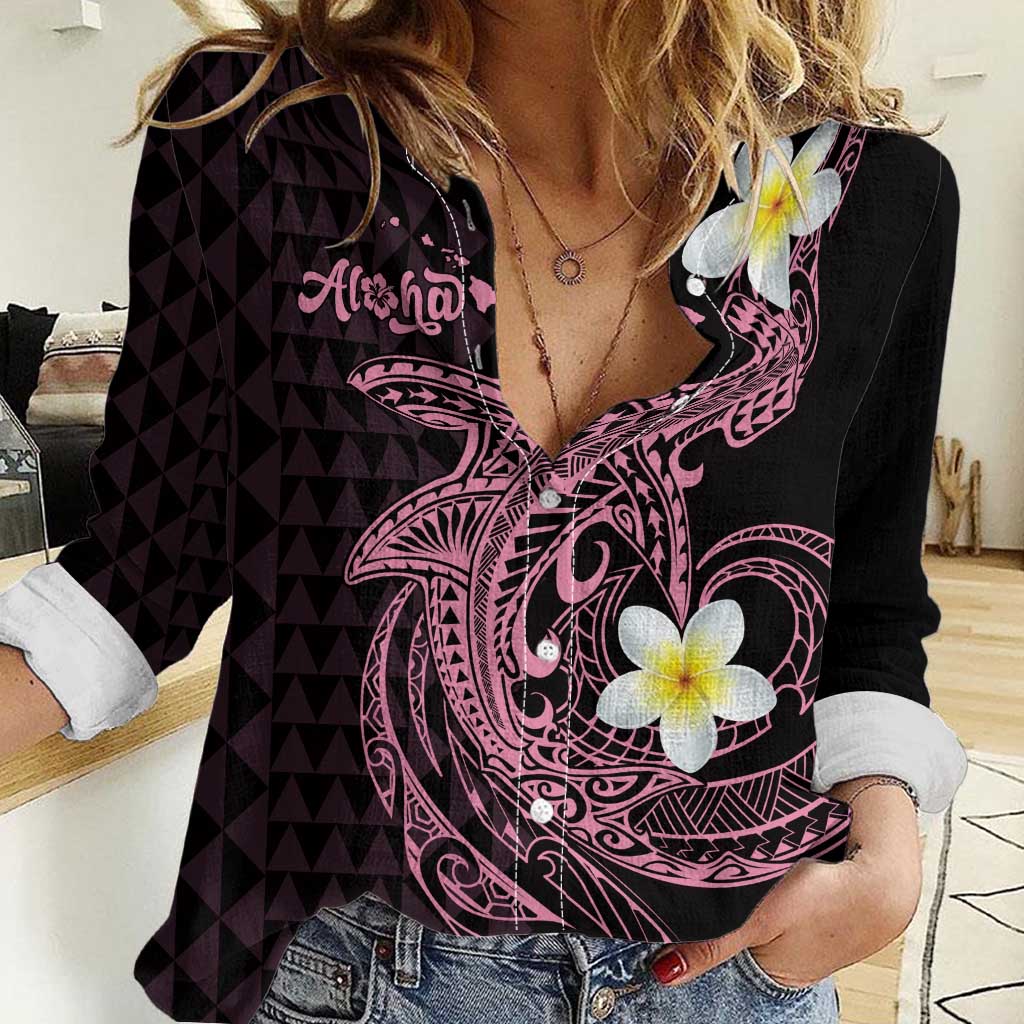 Aloha Hammerhead Shark Women Casual Shirt Vivacious Pink Hawaiian Kakau Tribal Tattoo
