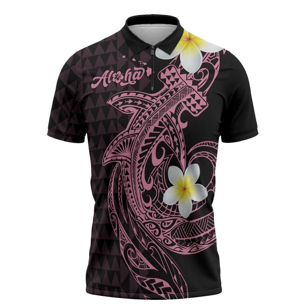 Aloha Hammerhead Shark Zipper Polo Shirt Vivacious Pink Hawaiian Kakau Tribal Tattoo - Polynesian Pride