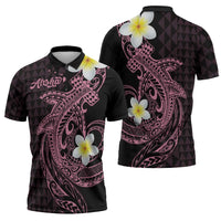 Aloha Hammerhead Shark Zipper Polo Shirt Vivacious Pink Hawaiian Kakau Tribal Tattoo - Polynesian Pride