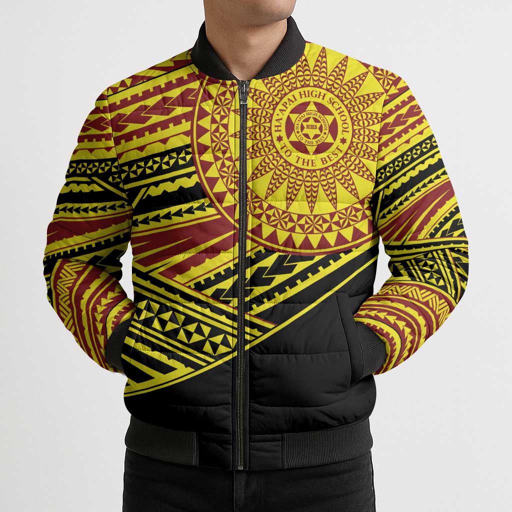 Personalised Tonga Ha apai High School Bomber Puffer Jacket Ngatu Fonulei Pattern - Polynesian Pride
