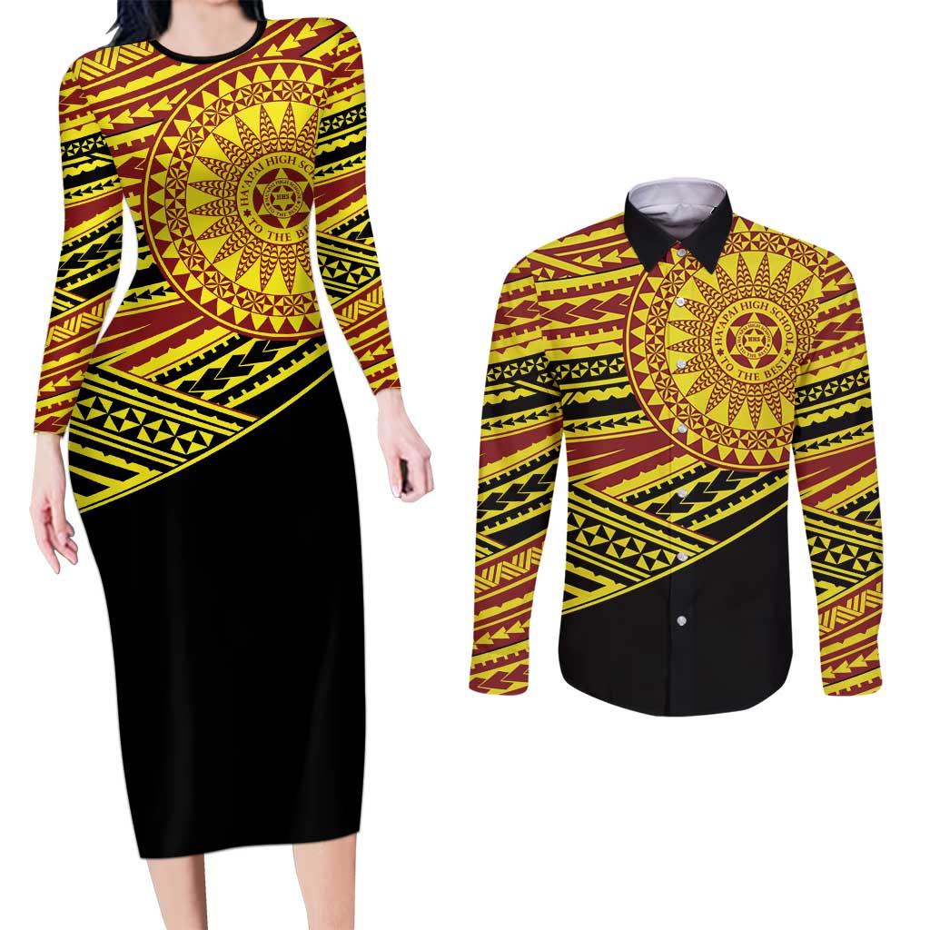 Personalised Tonga Ha apai High School Couples Matching Long Sleeve Bodycon Dress and Long Sleeve Button Shirt Ngatu Fonulei Pattern