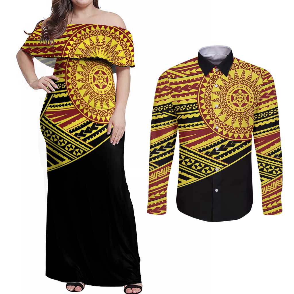 Personalised Tonga Ha apai High School Couples Matching Off Shoulder Maxi Dress and Long Sleeve Button Shirt Ngatu Fonulei Pattern