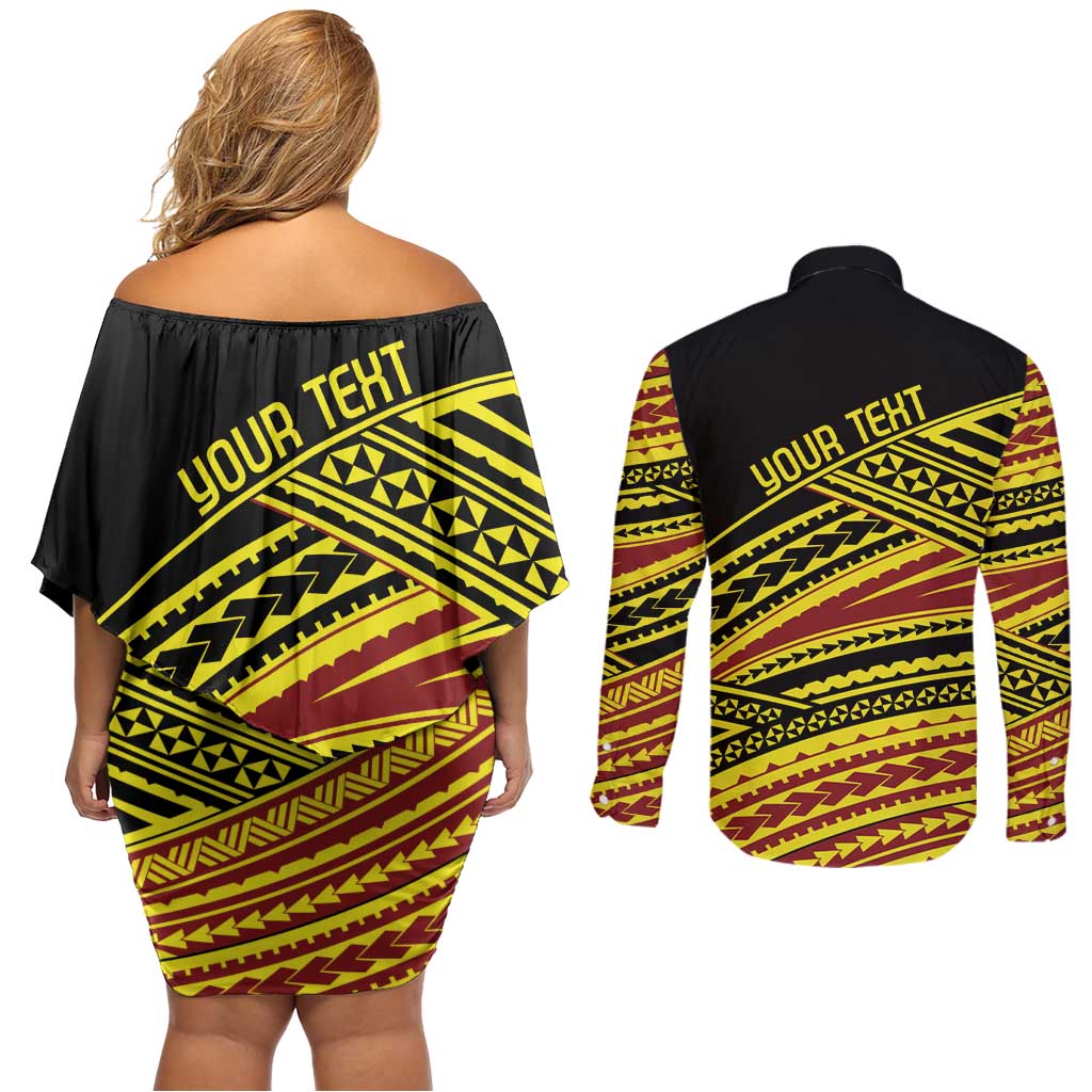 Personalised Tonga Ha apai High School Couples Matching Off Shoulder Short Dress and Long Sleeve Button Shirt Ngatu Fonulei Pattern