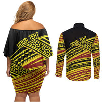 Personalised Tonga Ha apai High School Couples Matching Off Shoulder Short Dress and Long Sleeve Button Shirt Ngatu Fonulei Pattern