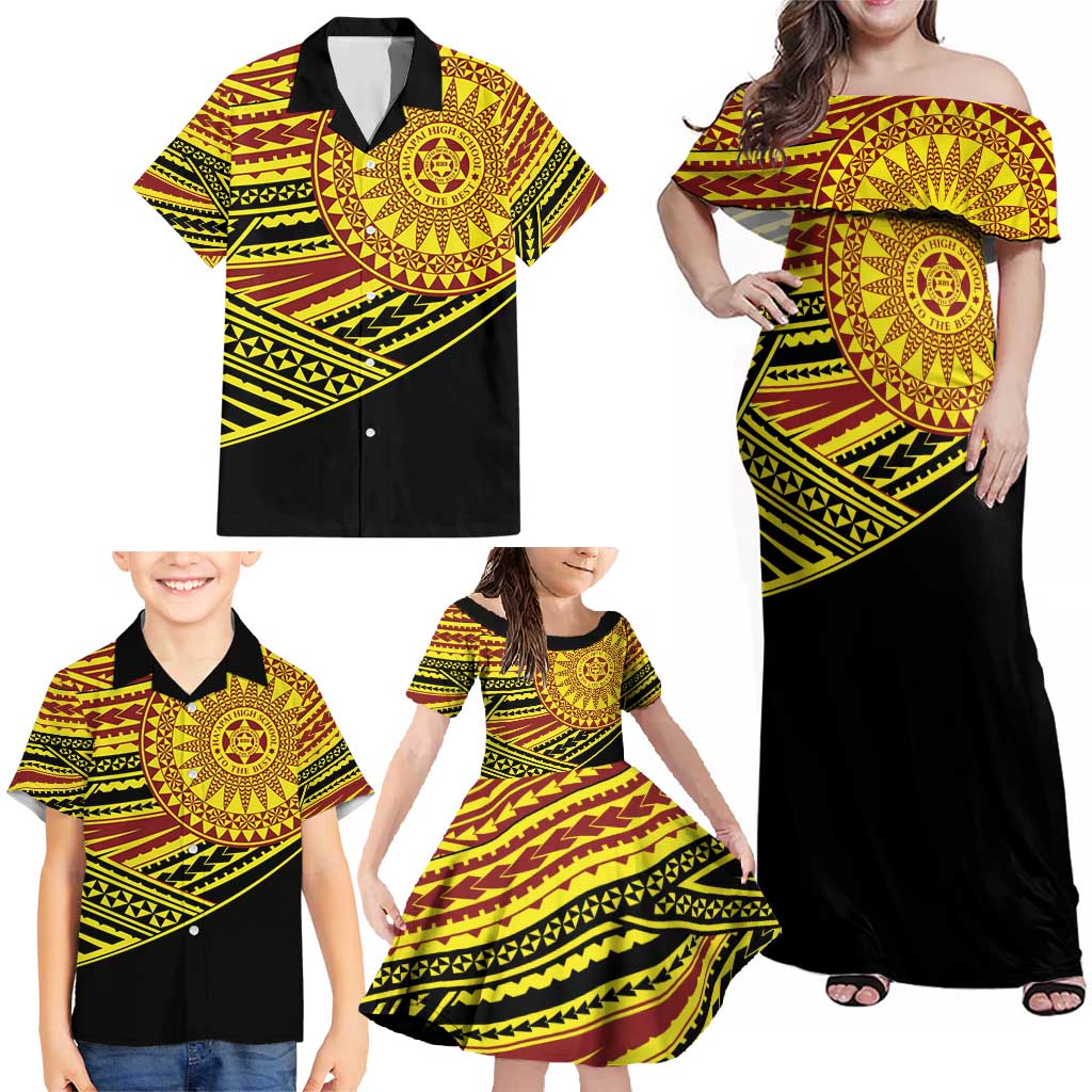 Personalised Tonga Ha apai High School Family Matching Off Shoulder Maxi Dress and Hawaiian Shirt Ngatu Fonulei Pattern