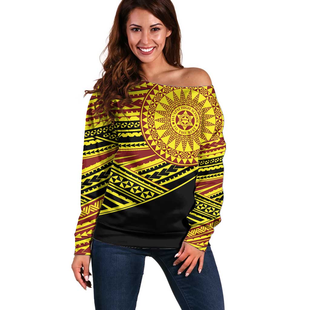 Personalised Tonga Ha apai High School Off Shoulder Sweater Ngatu Fonulei Pattern