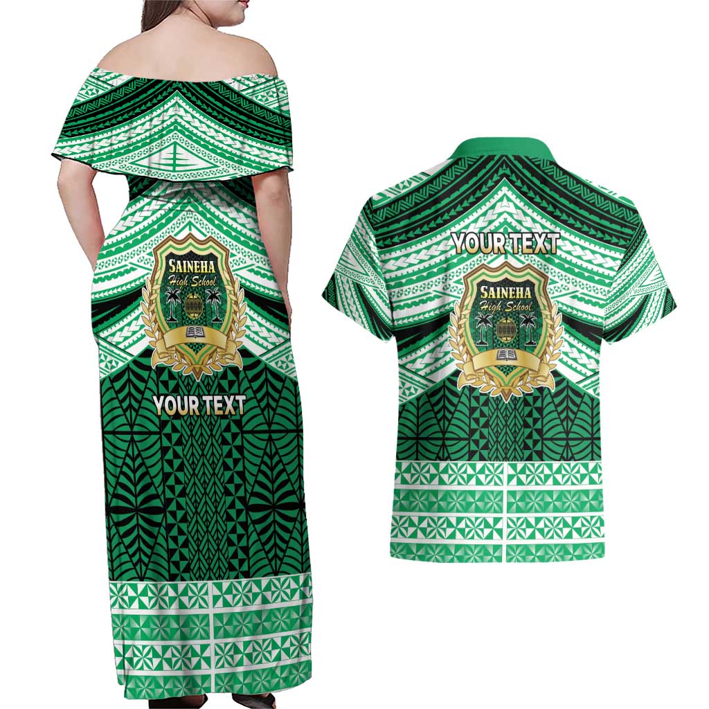 Personalised Tonga Saineha High School Couples Matching Off Shoulder Maxi Dress and Hawaiian Shirt Polynesian Ngatu Tribal