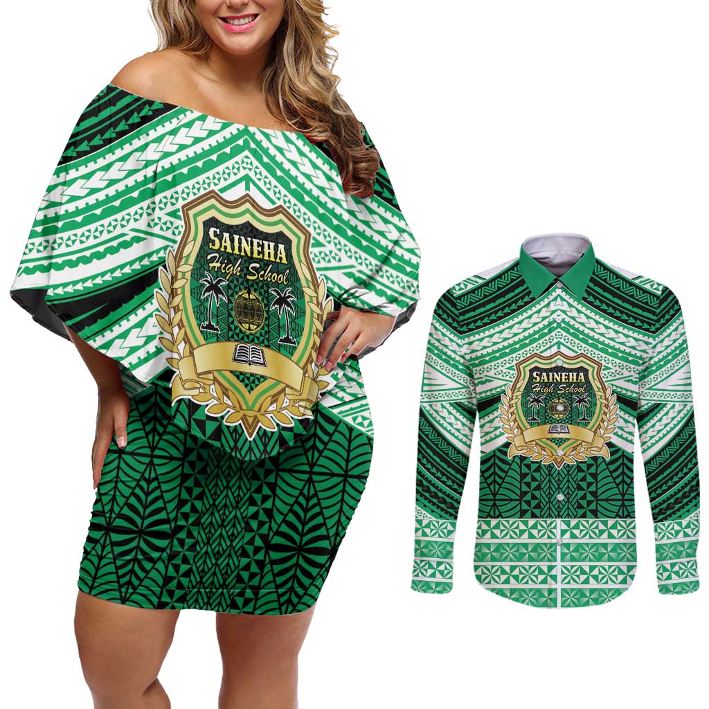 Personalised Tonga Saineha High School Couples Matching Off Shoulder Short Dress and Long Sleeve Button Shirt Polynesian Ngatu Tribal