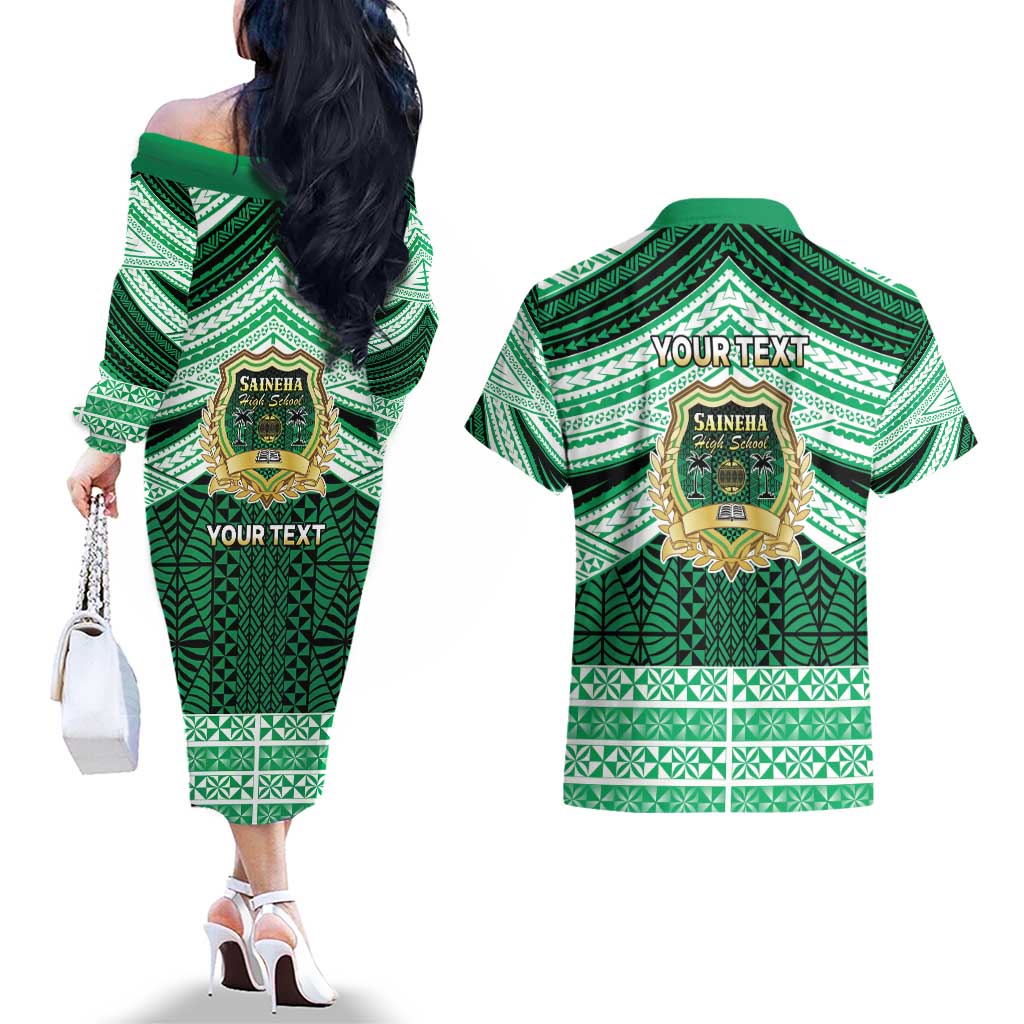 Personalised Tonga Saineha High School Couples Matching Off The Shoulder Long Sleeve Dress and Hawaiian Shirt Polynesian Ngatu Tribal