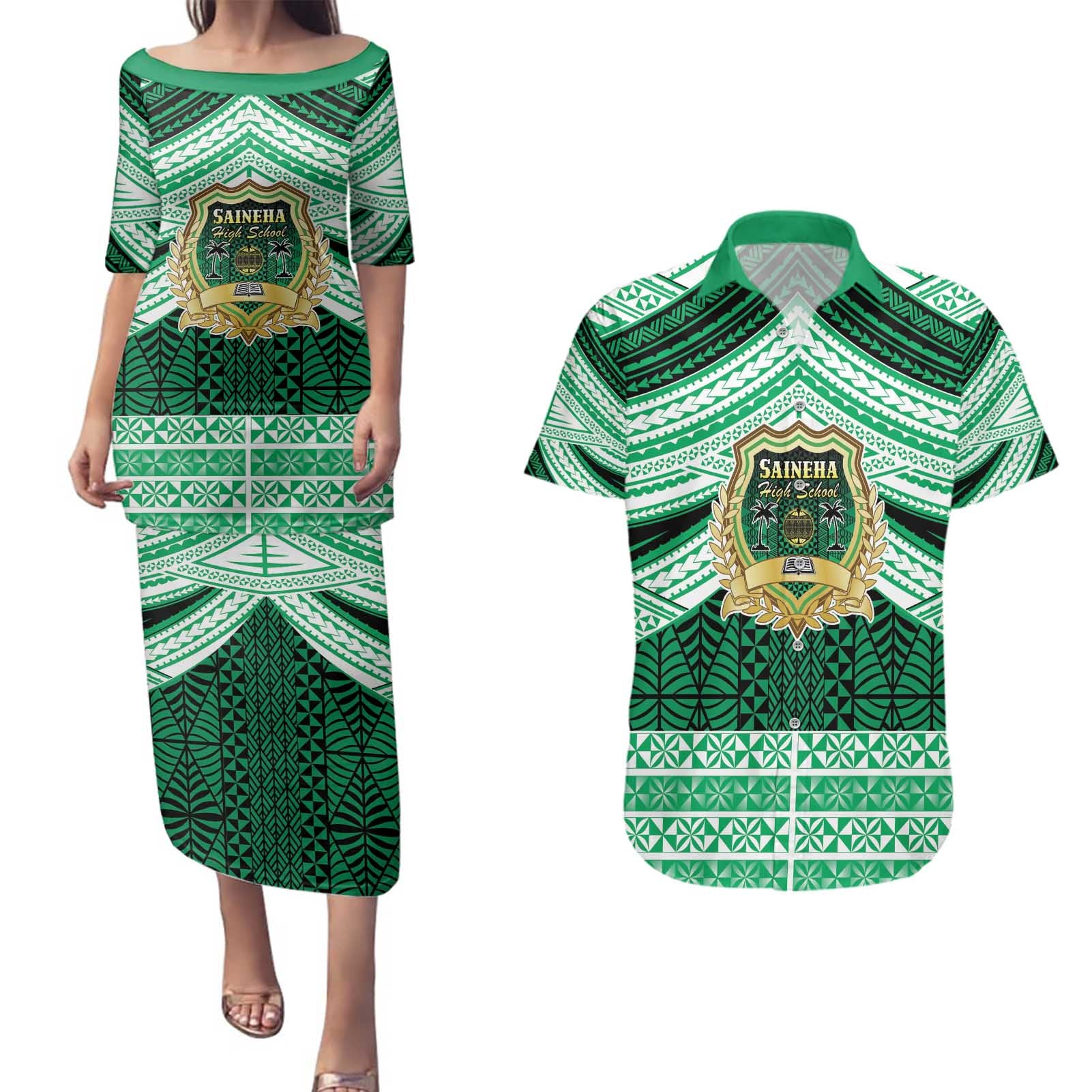 Personalised Tonga Saineha High School Couples Matching Puletasi and Hawaiian Shirt Polynesian Ngatu Tribal