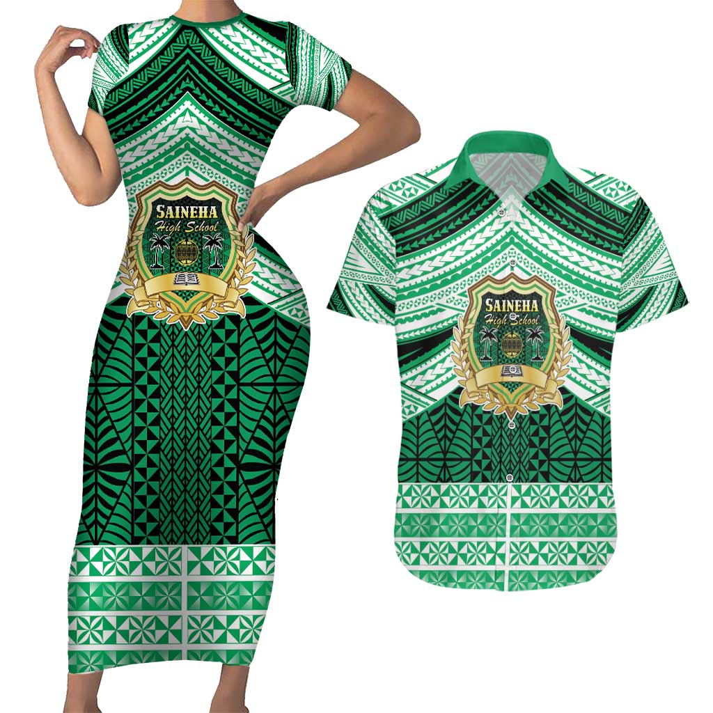 Personalised Tonga Saineha High School Couples Matching Short Sleeve Bodycon Dress and Hawaiian Shirt Polynesian Ngatu Tribal