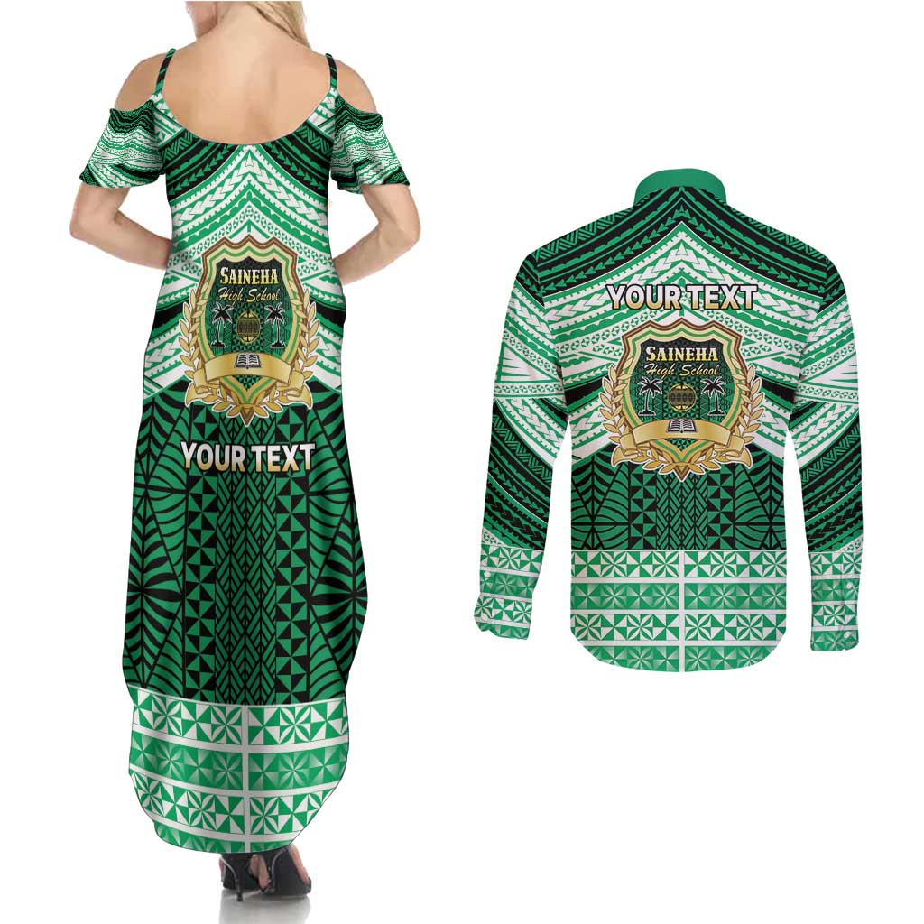 Personalised Tonga Saineha High School Couples Matching Summer Maxi Dress and Long Sleeve Button Shirt Polynesian Ngatu Tribal