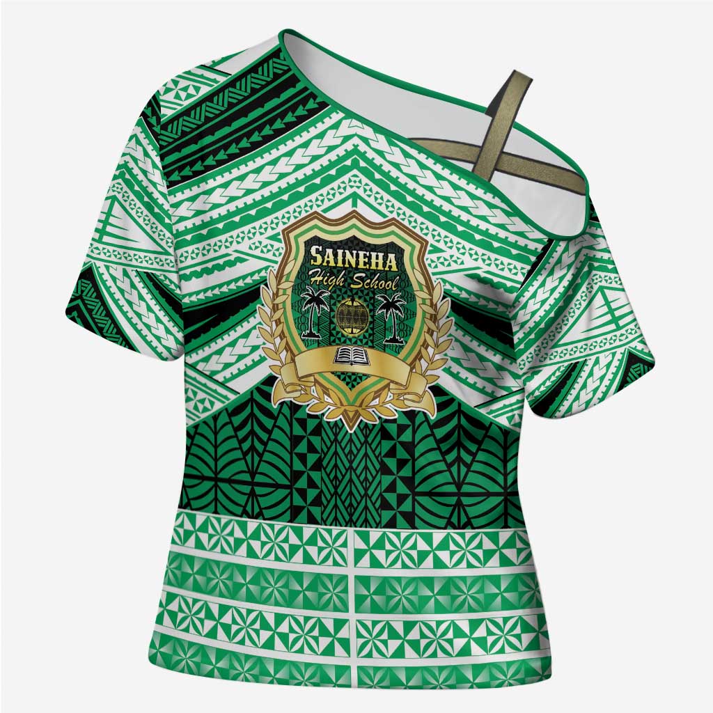 Personalised Tonga Saineha High School Cross Shoulder Shirt Polynesian Ngatu Tribal - Polynesian Pride