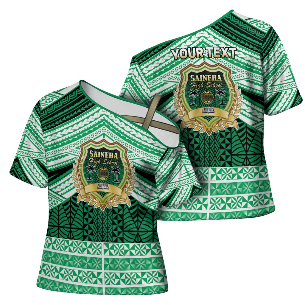 Personalised Tonga Saineha High School Cross Shoulder Shirt Polynesian Ngatu Tribal - Polynesian Pride