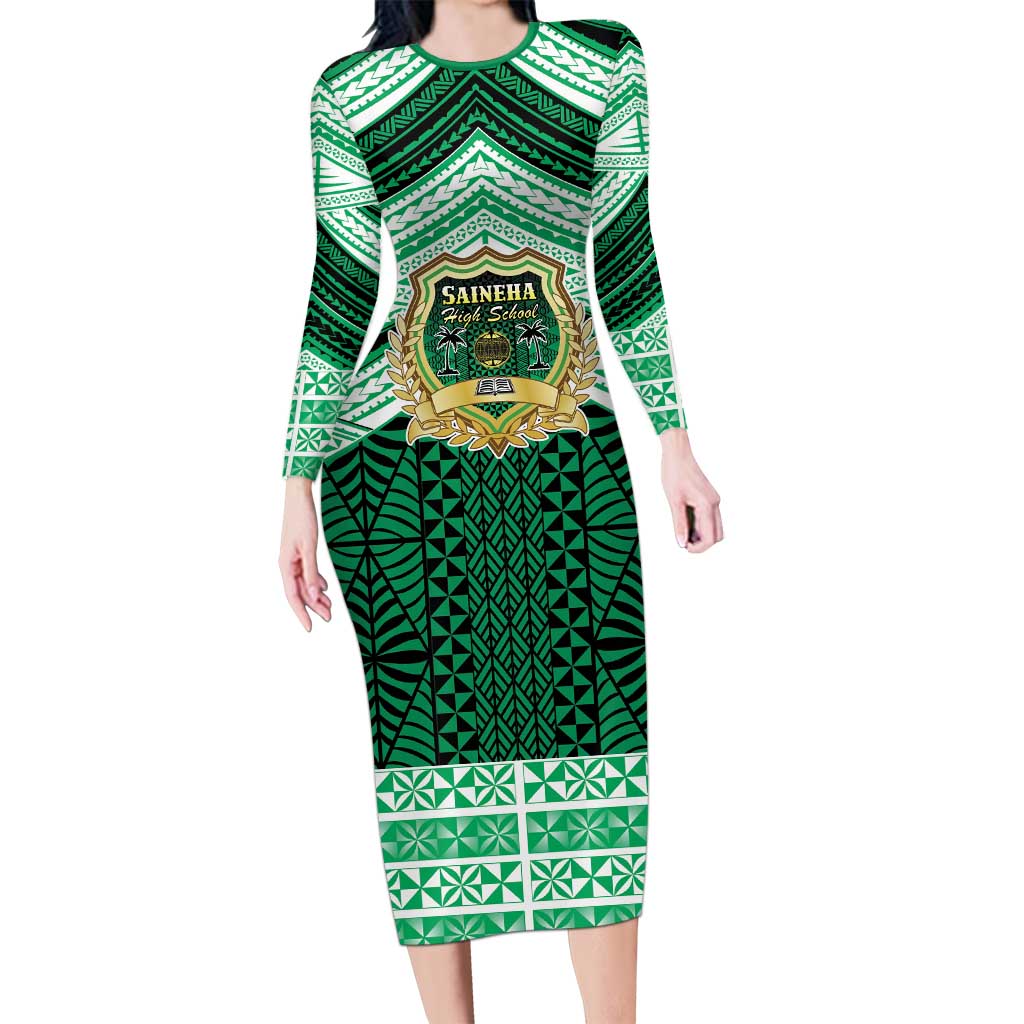 Personalised Tonga Saineha High School Family Matching Long Sleeve Bodycon Dress and Hawaiian Shirt Polynesian Ngatu Tribal