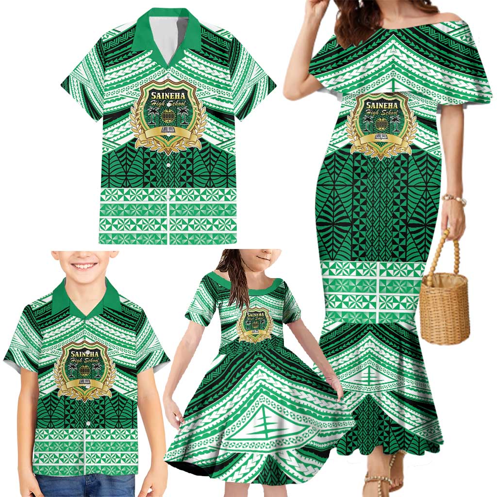 Personalised Tonga Saineha High School Family Matching Mermaid Dress and Hawaiian Shirt Polynesian Ngatu Tribal