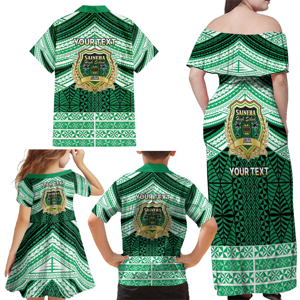 Personalised Tonga Saineha High School Family Matching Off Shoulder Maxi Dress and Hawaiian Shirt Polynesian Ngatu Tribal