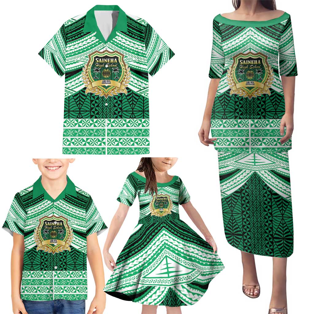 Personalised Tonga Saineha High School Family Matching Puletasi and Hawaiian Shirt Polynesian Ngatu Tribal