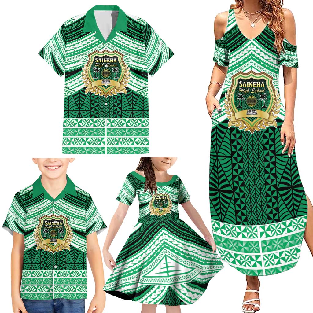 Personalised Tonga Saineha High School Family Matching Summer Maxi Dress and Hawaiian Shirt Polynesian Ngatu Tribal