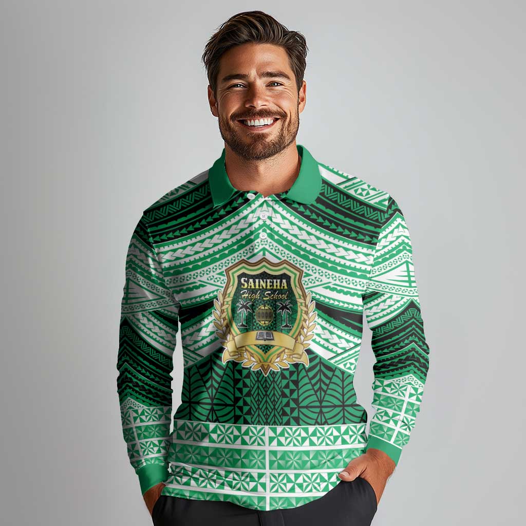 Personalised Tonga Saineha High School Long Sleeve Polo Shirt Polynesian Ngatu Tribal