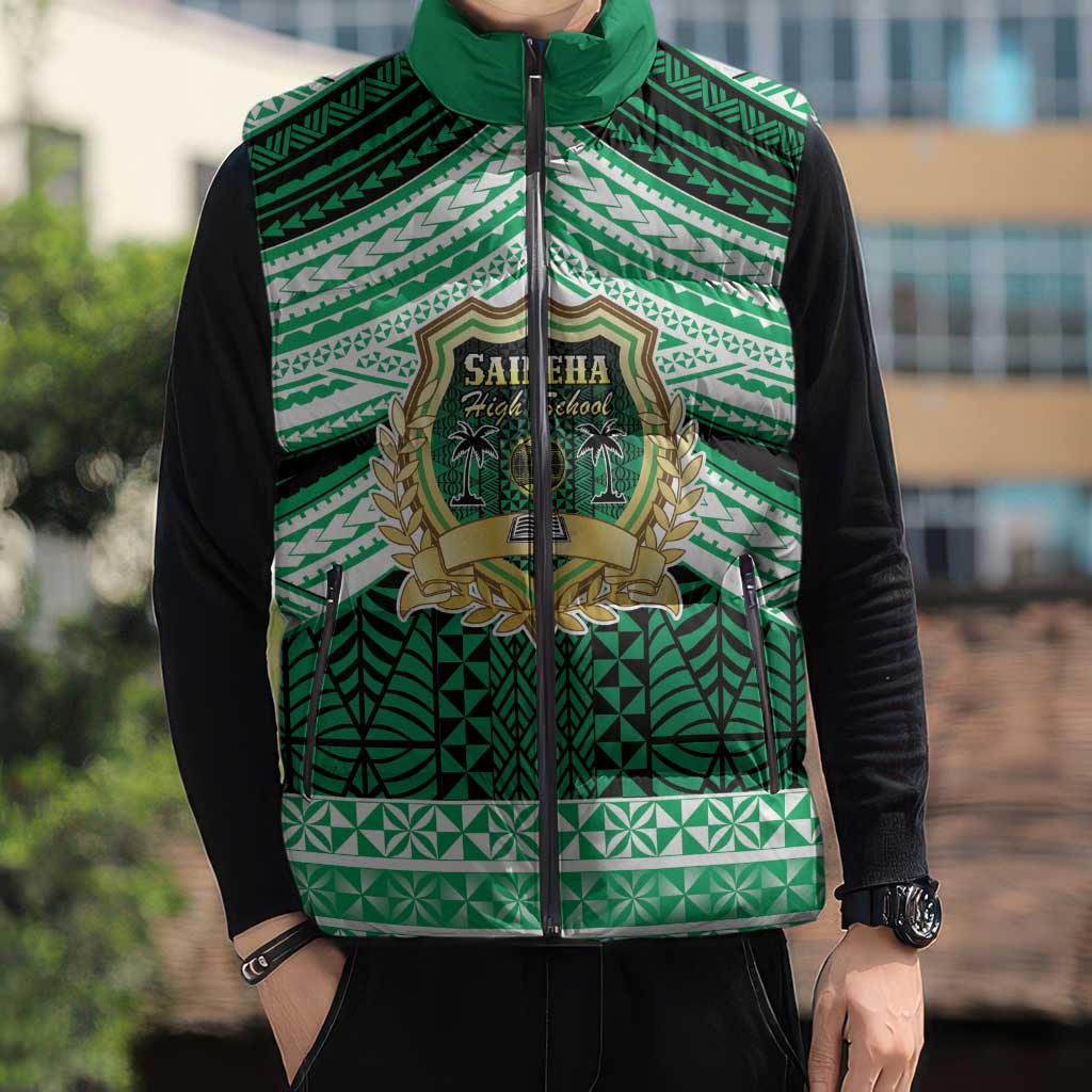 Personalised Tonga Saineha High School Sleeveless Puffer Jacket Polynesian Ngatu Tribal - Polynesian Pride
