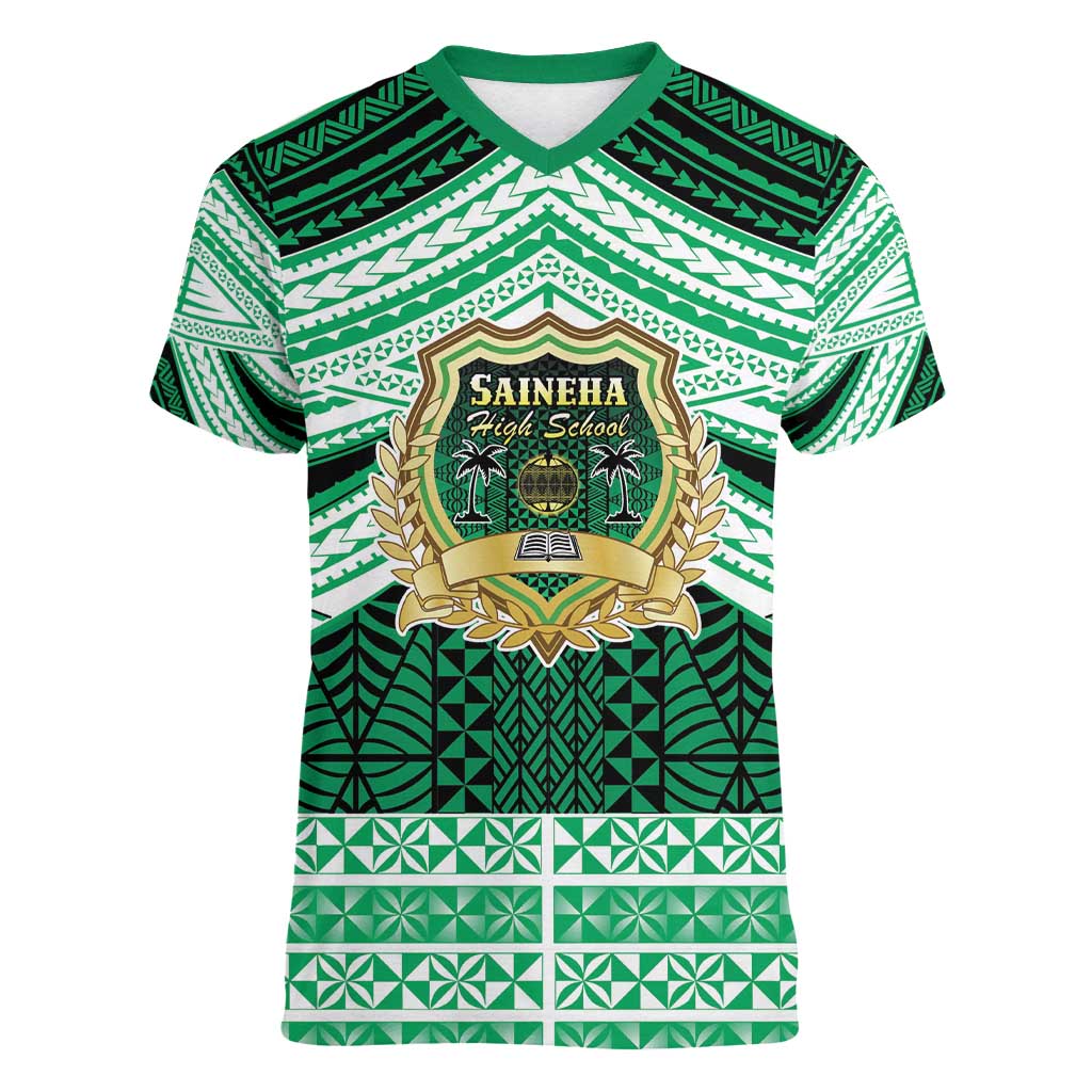 Personalised Tonga Saineha High School Women V-Neck T-Shirt Polynesian Ngatu Tribal