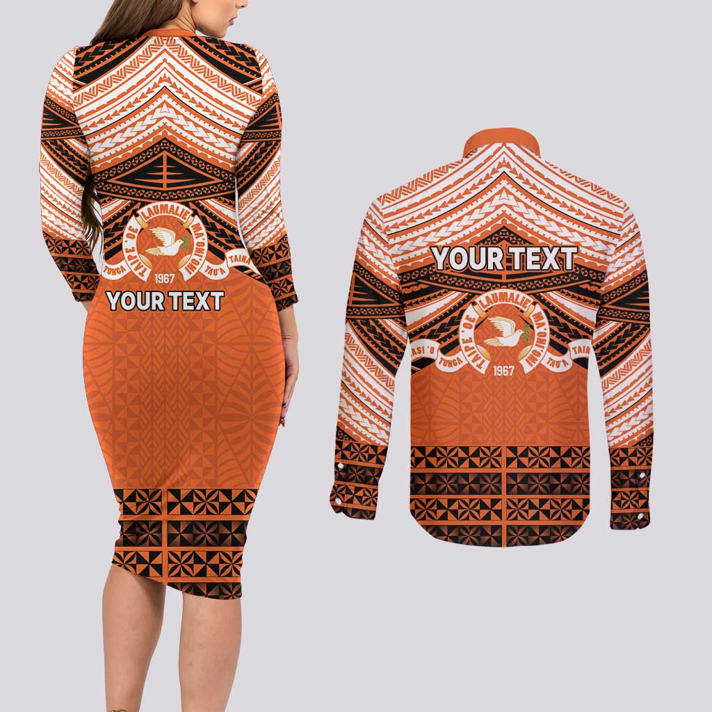 Personalised Tonga Tailulu College Couples Matching Long Sleeve Bodycon Dress and Long Sleeve Button Shirt Polynesian Ngatu Tribal