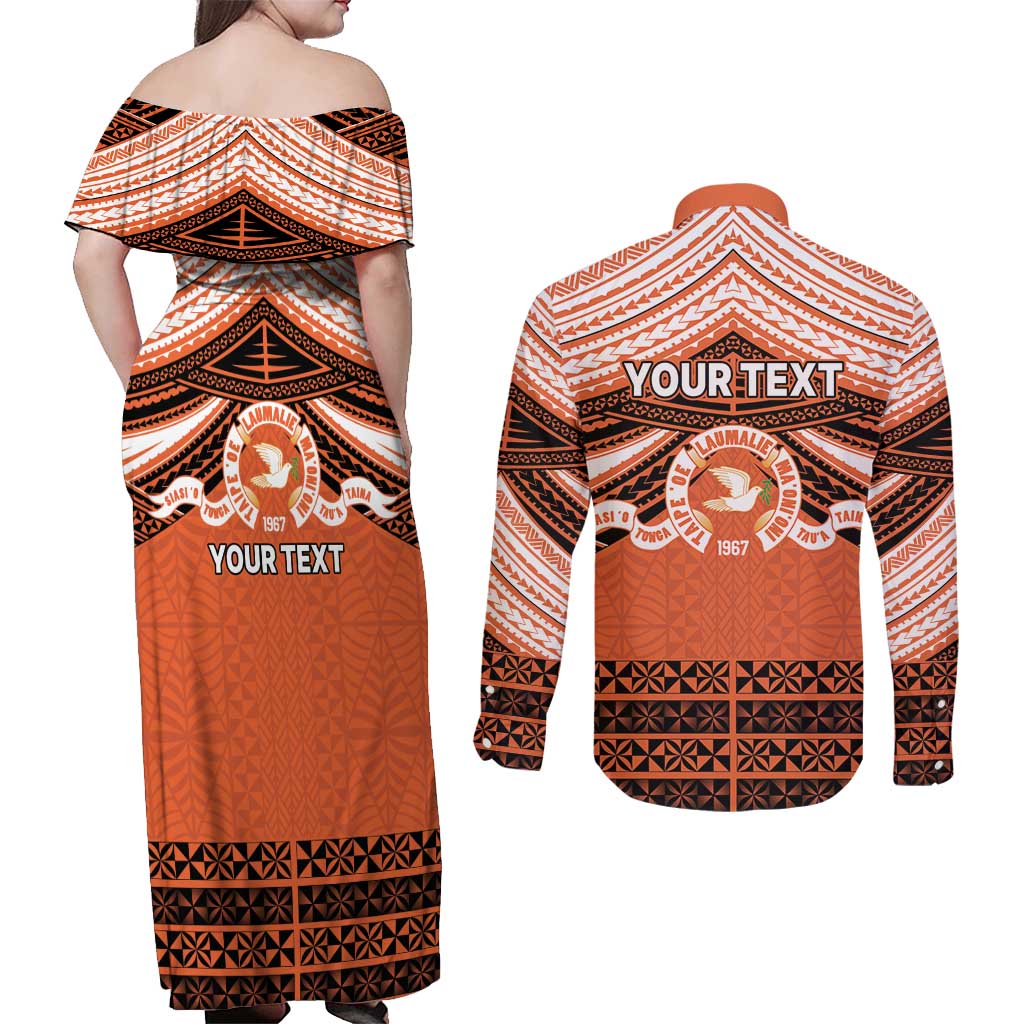 Personalised Tonga Tailulu College Couples Matching Off Shoulder Maxi Dress and Long Sleeve Button Shirt Polynesian Ngatu Tribal