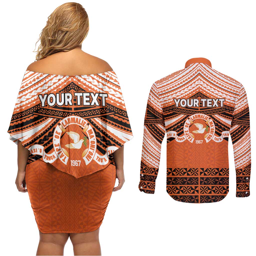 Personalised Tonga Tailulu College Couples Matching Off Shoulder Short Dress and Long Sleeve Button Shirt Polynesian Ngatu Tribal