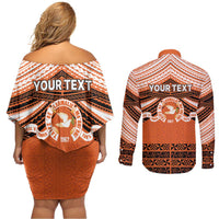 Personalised Tonga Tailulu College Couples Matching Off Shoulder Short Dress and Long Sleeve Button Shirt Polynesian Ngatu Tribal