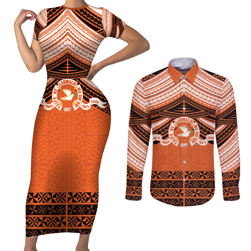 Personalised Tonga Tailulu College Couples Matching Short Sleeve Bodycon Dress and Long Sleeve Button Shirt Polynesian Ngatu Tribal