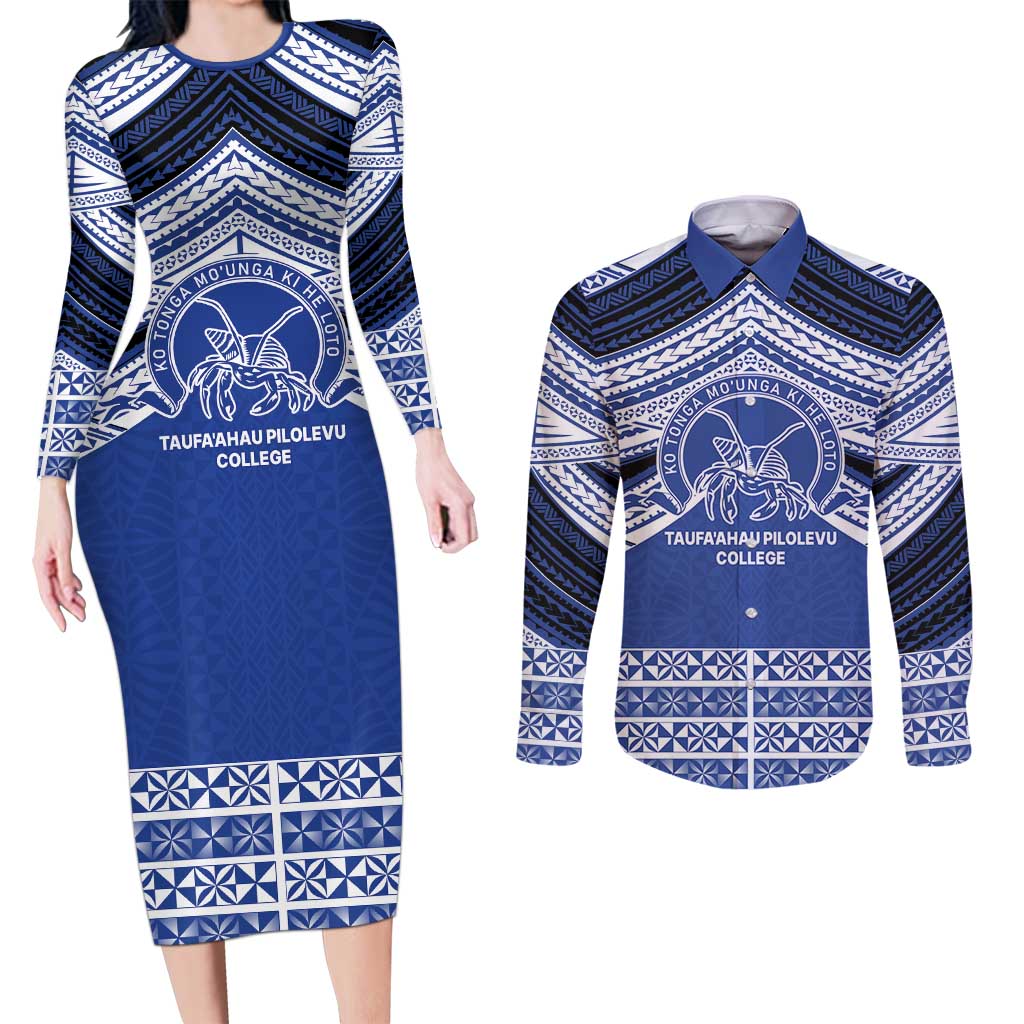 Personalised Tonga Taufa'ahau Pilolevu College Couples Matching Long Sleeve Bodycon Dress and Long Sleeve Button Shirt Polynesian Ngatu Tribal